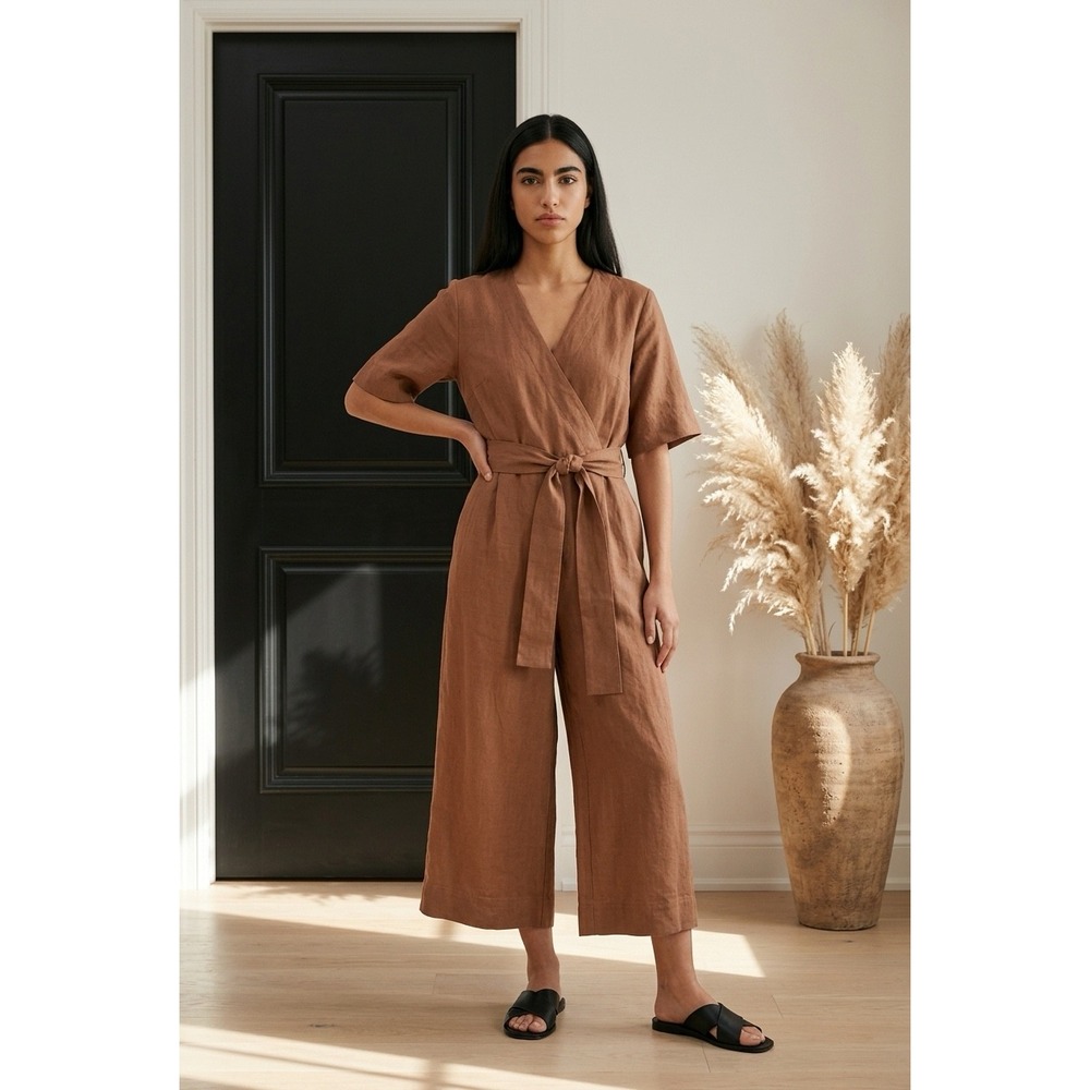 Everlane Linen Short-Sleeve Wrap Jumpsuit Brown Size 4 European‎ Flax Wide Leg